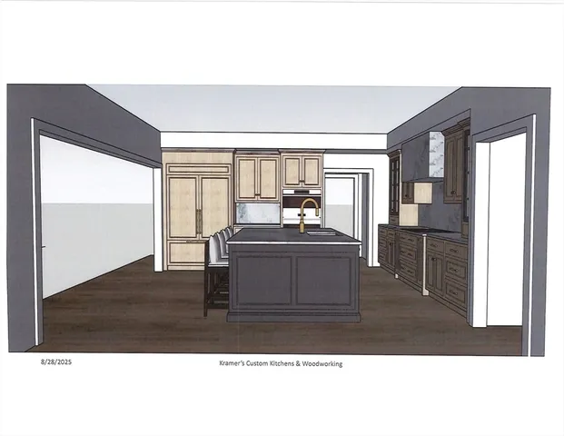 a kitchen view with wooden floor and a window