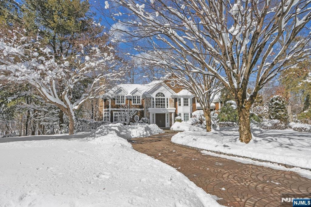 a view of a white house with a snow on the road