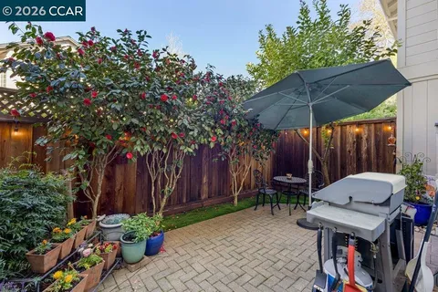 an outdoor space with furniture and umbrella