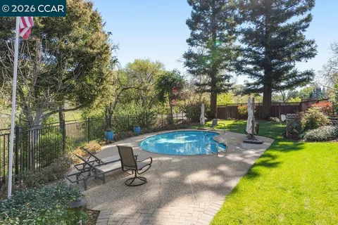 a view of a swimming pool with a patio and a fountain