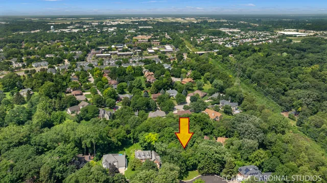 an aerial view of residential houses with outdoor space and trees