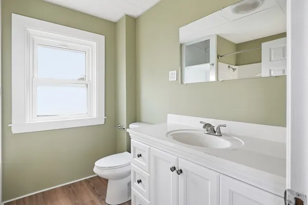 a bathroom with a sink a toilet and a mirror