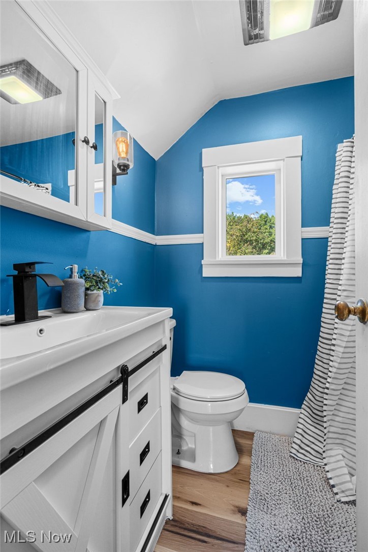 21 South 3rd Street Rittman, OH 44270 - Photo 17 of 39 Bathroom with vanity, vaulted ceiling, and light wood finished floors