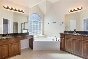 a bathroom with a granite countertop bathtub a double vanity sink a vanity and a large mirror
