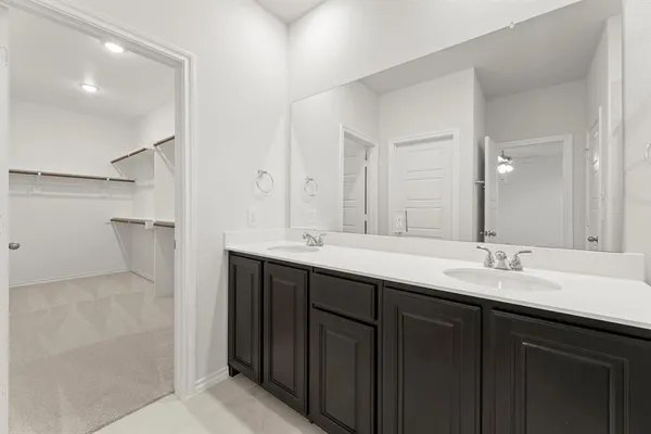 a bathroom with a sink double vanity mirror and a shower