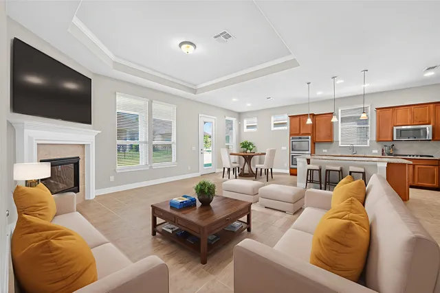 a living room with furniture a flat screen tv and a fireplace