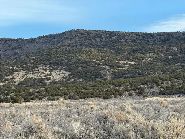a view of a dry yard with mountains in the background