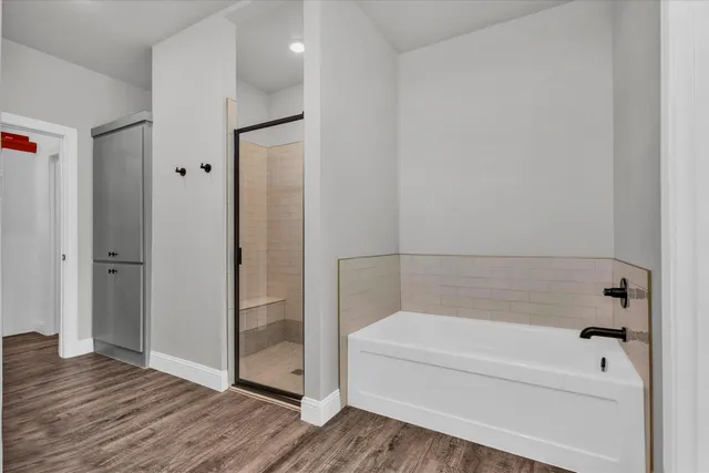 a bathroom with a bathtub and a shower