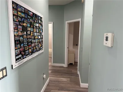a view of a hallway with wooden floor and closet