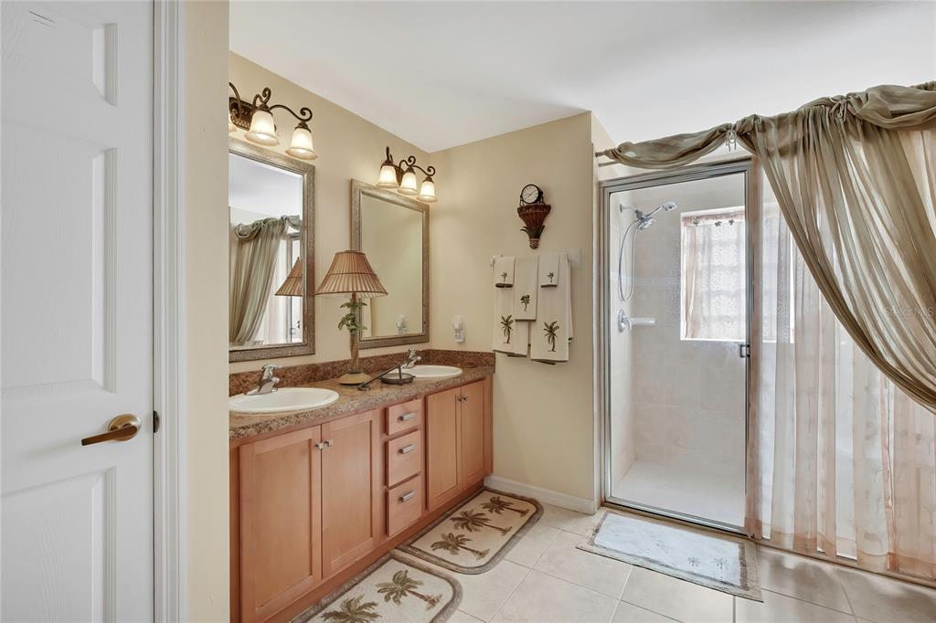 15157 Duck Hawk Road Weeki Wachee, FL 34614 - Photo 23 of 48 a bathroom with a granite countertop sink a mirror and a shower