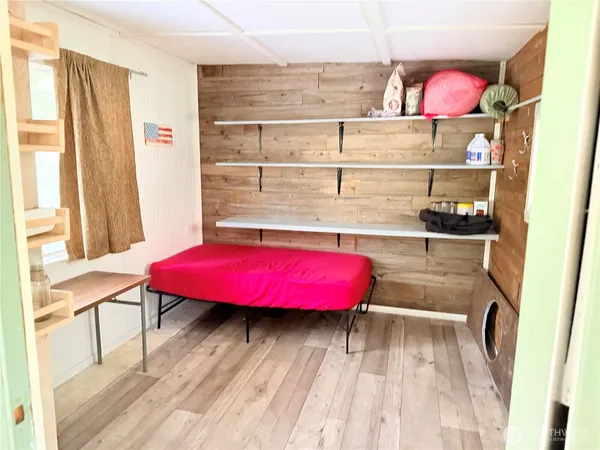 a view of a room with shelves