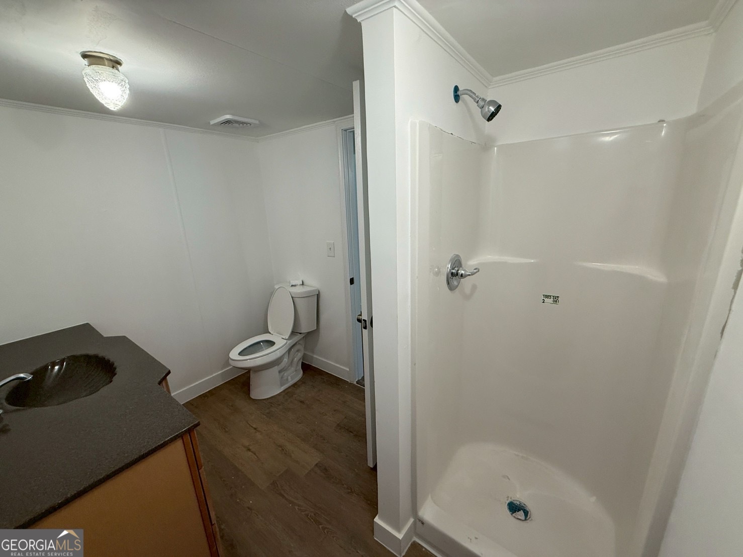 514 Phillips Road Warm Springs, GA 31830 - Photo 24 of 36 a bathroom with a granite countertop toilet a sink a shower and a mirror
