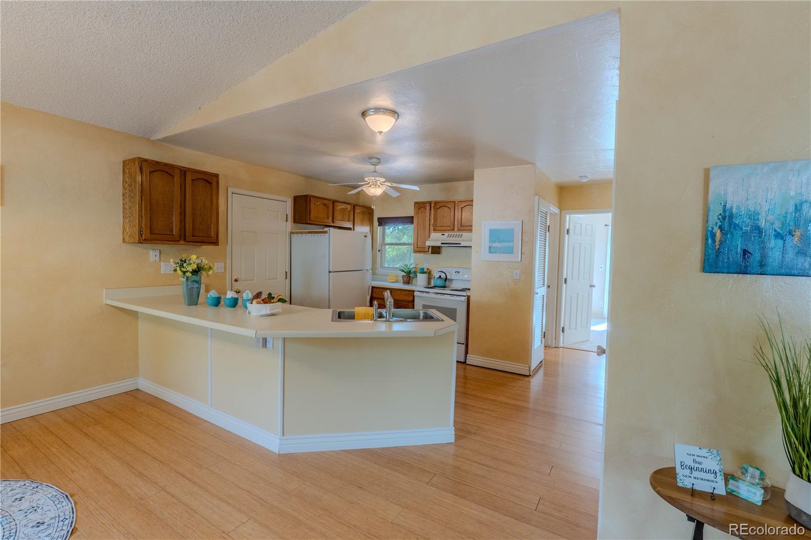 961 Columbine Avenue Colorado Springs, CO 80904 - Photo 12 of 47 a living room with stainless steel appliances kitchen island a flat screen tv and a wooden floor