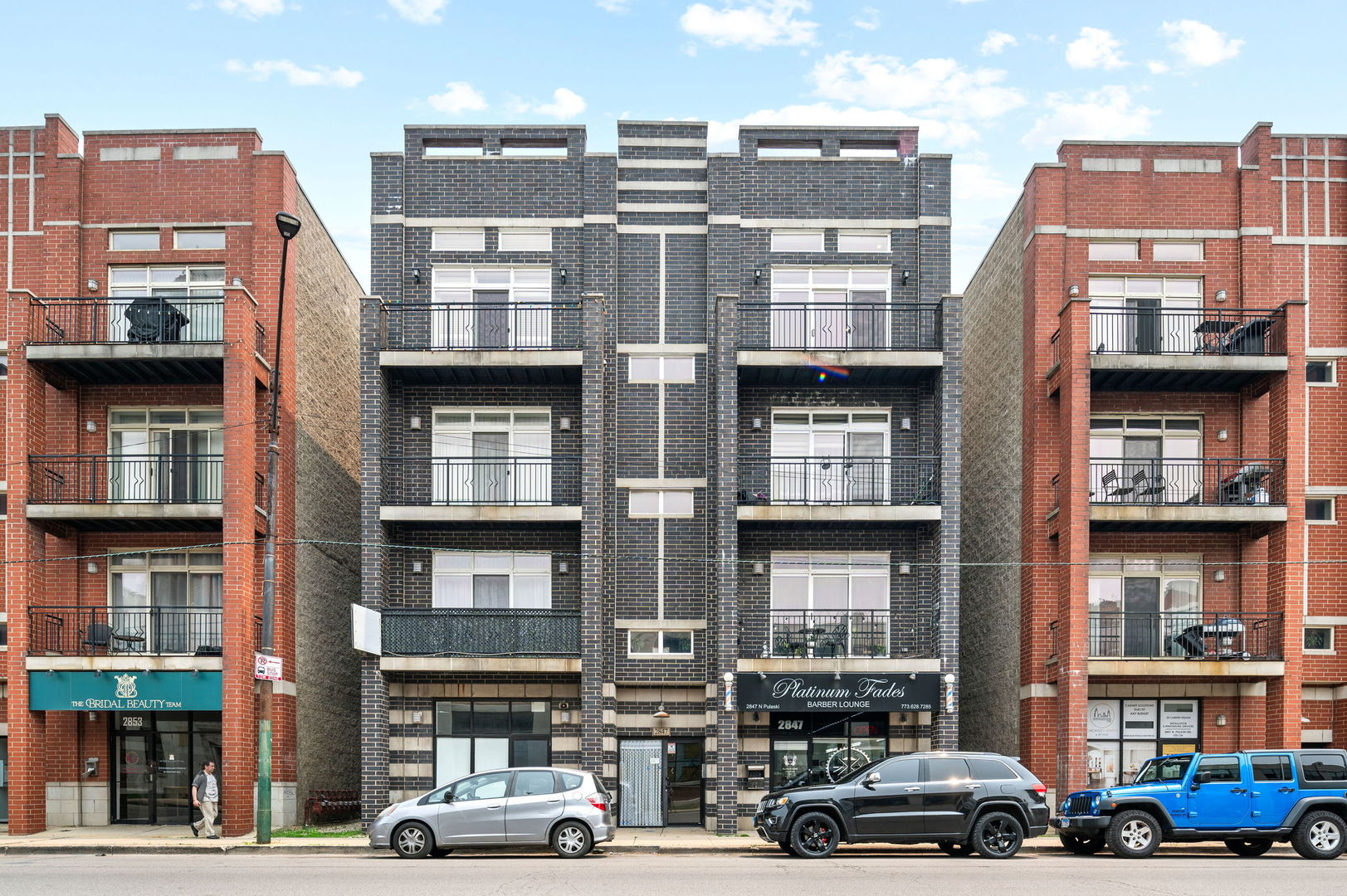 a front view of a multi story building