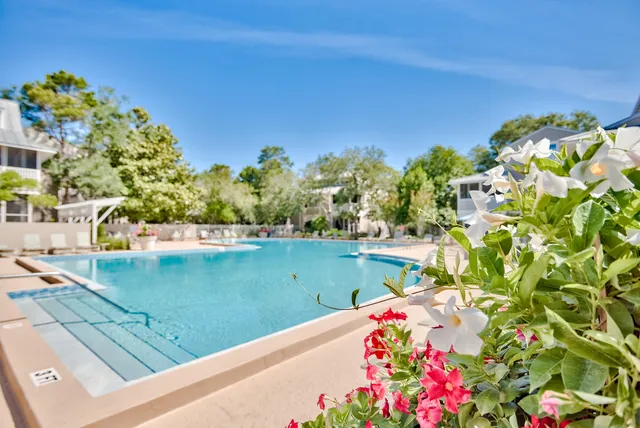an aerial view of a house with swimming pool garden and trees