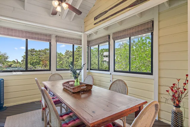 a view of a dining room with furniture window and outside view