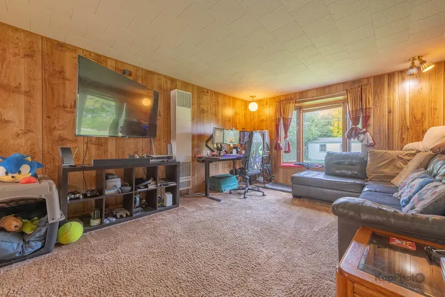 a garden view with a seating space