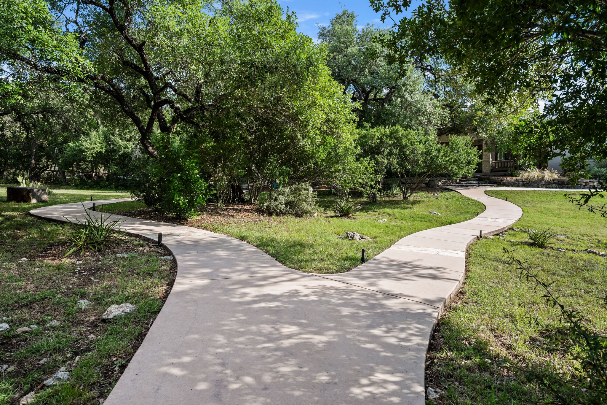 195 Desert Flower Spring Branch, TX 78070 - Photo 29 of 40 Manicured grounds featuring a bifurcated concrete pathway, mature trees, lush greenery, and integrated pathway lighting