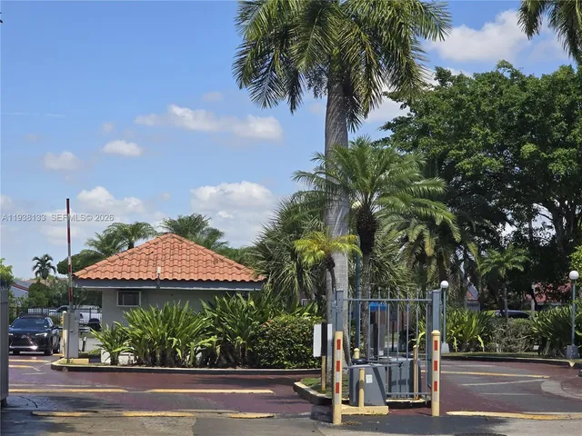 a view of a park with plants and palm trees