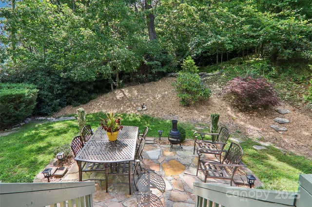 a view of backyard with a garden and outdoor seating