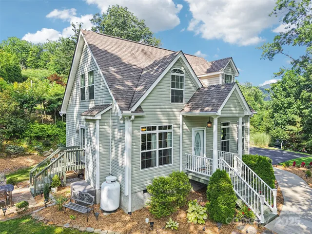 a view of a backyard with plants and large tree