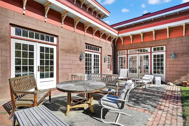 a building outdoor space with patio furniture