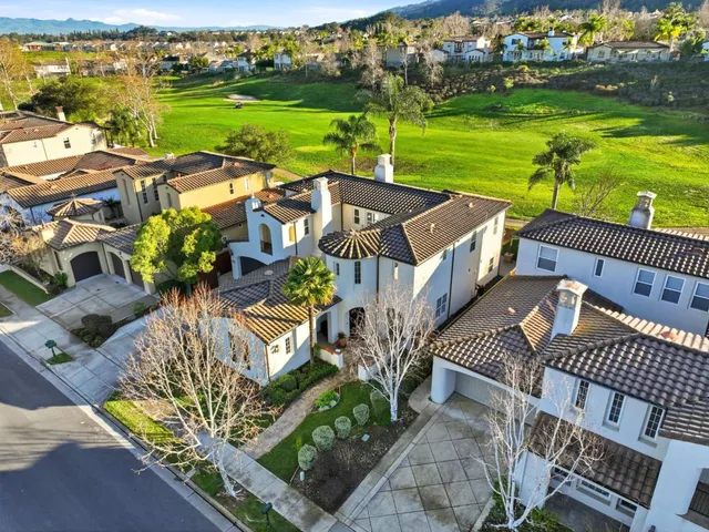 an aerial view of residential houses with outdoor space and trees