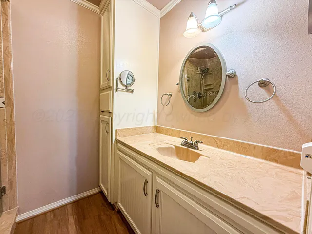 a bathroom with a sink and a mirror
