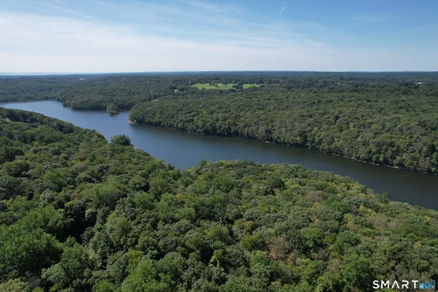 an aerial view of a residential houses with outdoor space and trees all around