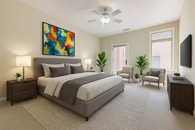 an empty room with windows and fan