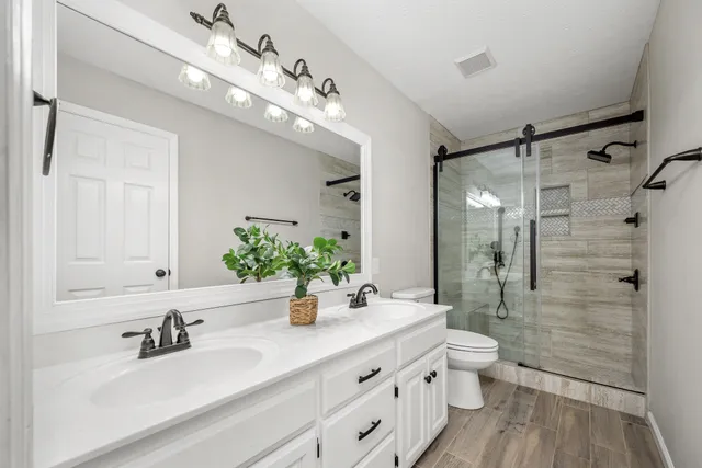 a bathroom with a double vanity sink toilet and shower