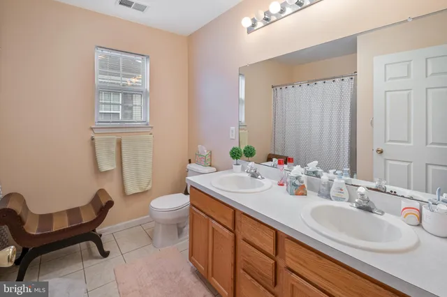 a bathroom with a double vanity sink toilet and a mirror