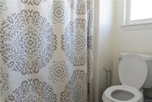 a white toilet sitting next to a shower curtain