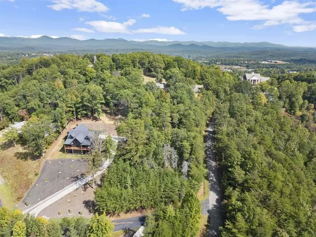 an aerial view of residential houses with outdoor space and ocean view