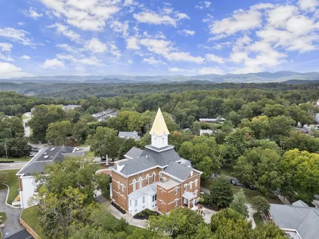 an aerial view of residential houses with outdoor space and trees