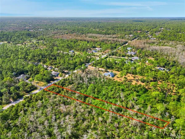 an aerial view of residential houses with outdoor space and trees