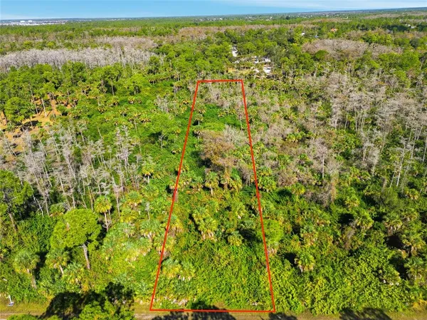 an aerial view of residential houses with outdoor space and trees