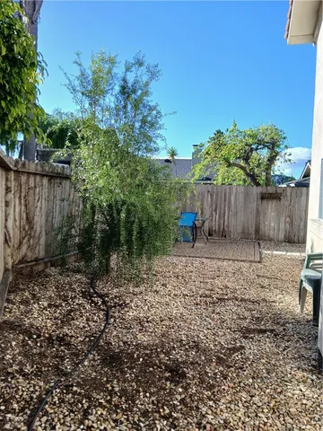 a view of a backyard with large trees and wooden fence