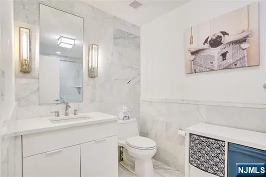 a bathroom with a sink mirror vanity and toilet