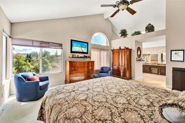 a large bedroom with a bed closet and flat tv screen