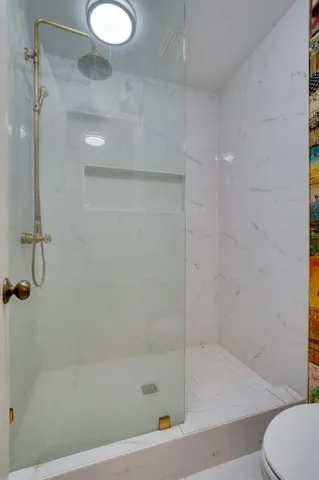 a bathroom with a shower and toilet