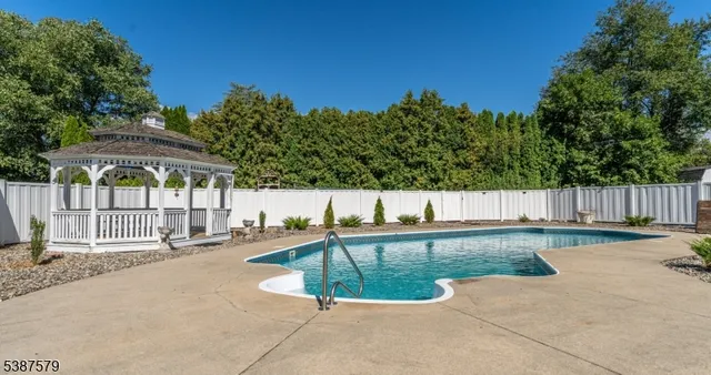 a view of a swimming pool with a patio and a yard