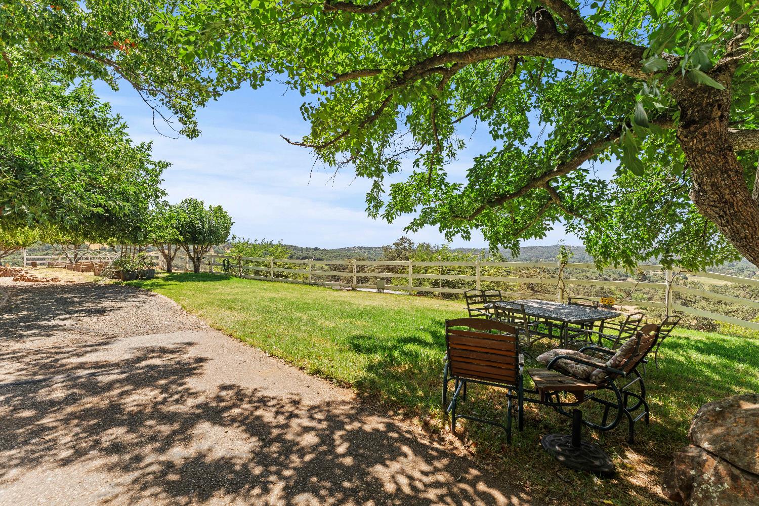 19699 McCourtney Road Grass Valley, CA 95949 - Photo 1 of 27 a view of a garden with lawn chairs under an umbrella
