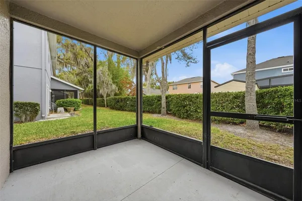 a view of an outdoor space with a large window