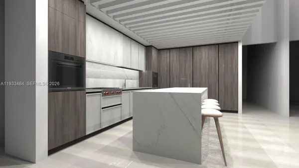 a kitchen with kitchen island cabinets and oven