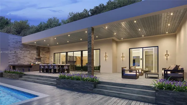 a lobby with furniture and garden