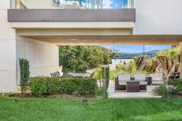 a garden view with a seating space