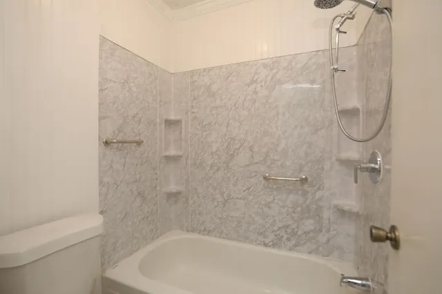 a bathroom with a shower and a toilet