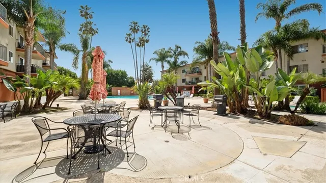 an outdoor space with seating