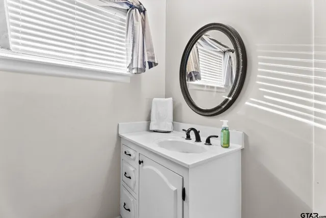 a bathroom with a sink and a mirror